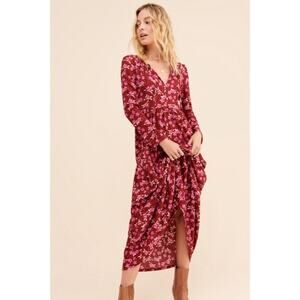 Free People Red Multi Floral Tiered Midi Dress Long Sleeve Women’s Size XS